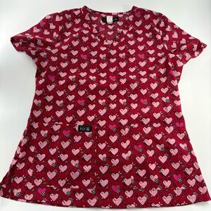 Koi Women's Valentine's Day Seasonal Scrub Top Heart Printed V-Neck Two Pockets